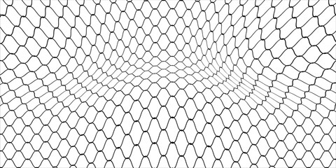 Fishing or soccer net. Repeated hexagon pattern. Black wired mesh texture isolated on white background. Metallic or fabric fence, cage or lattice structure. Vector graphic Illustration. © Alfi
