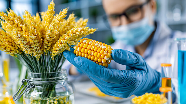 Scientist in lab gloves examining a fresh ear of corn and wheat stalks for genetic research