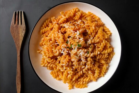 top view of a plate of fusilli pasta with tomato sauce on a black background