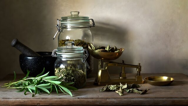 Natural herbs, mortar and pestle, scale, and jars on a rustic wooden table.