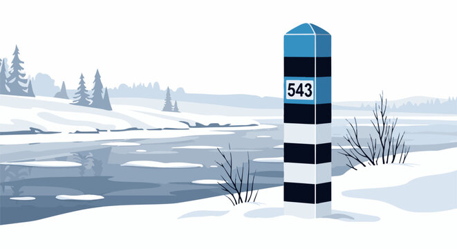 A striped post marked 543 stands beside a frozen river in a winter landscape