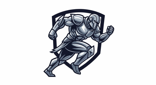 A stylized, armored warrior figure in mid-stride, enclosed by a shield shape