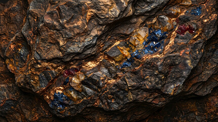 Fototapeta premium This macro closeup shows a natural rock matrix containing embedded colored gemstone crystals, displaying rich earthy tones and vibrant mineral accents.