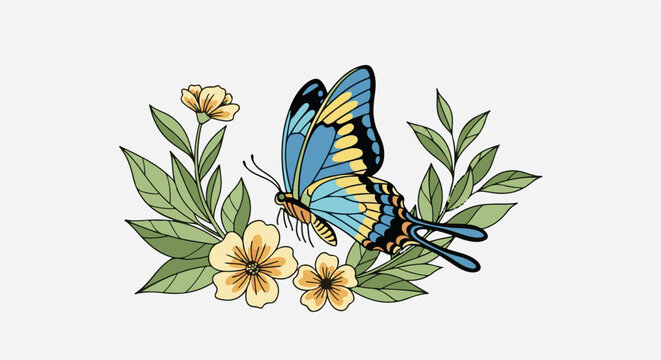 A vibrant blue and yellow butterfly rests on delicate yellow flowers surrounded by green leaves