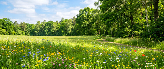 Obraz premium This panoramic landscape features a sunlit wildflower meadow adjacent to a woodland forest, with a dirt path winding through the lush green scenery under a partly cloudy blue sky.