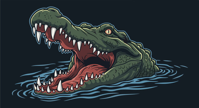 A menacing reptilian emerges from dark water, its mouth wide with sharp teeth