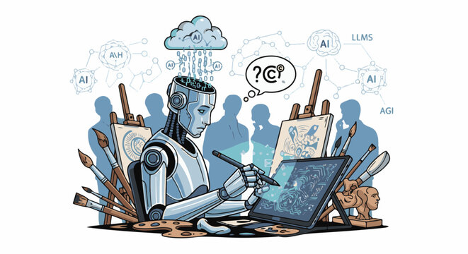 A robot artist with a stylus draws on a tablet, surrounded by art supplies and thought bubbles