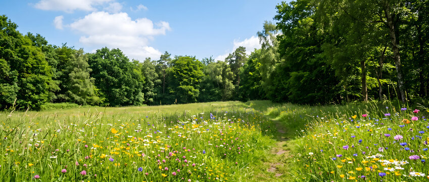 This tranquil scenic view features a dirt hiking path winding through a sunlit wildflower meadow, bordered by lush woodland under a bright blue cloudy sky.