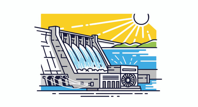 A modern dam with water flowing, a turbine, and a bright sun over hills