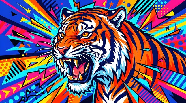 A powerful tiger with its mouth wide open, showcasing sharp fangs and an intense expression.