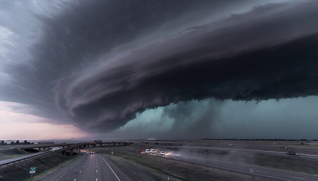 Dramatic shelf cloud formation over a highway landscape.