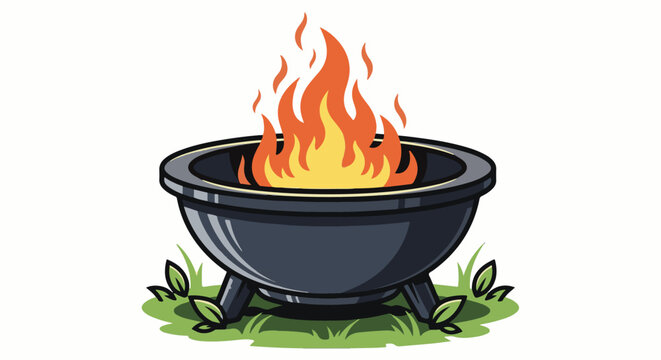 A stylized illustration of a dark gray charcoal grill with bright orange and yellow flames