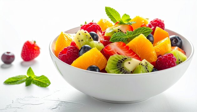 Bunte Fruchtsalat-Bowl mit frischen Fr&uuml;chten, clean & hell