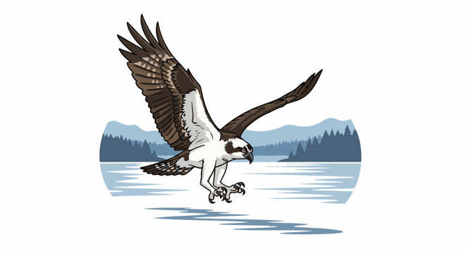 A pixel art osprey descends over a serene lake surrounded by pine trees and distant mountains