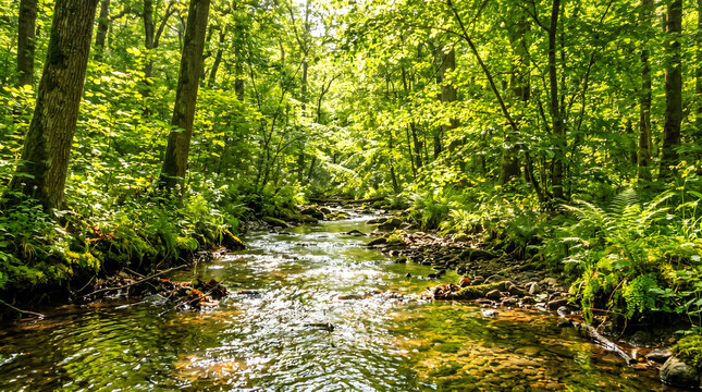 A shallow, flowing stream cuts through a dense, sun-dappled temperate forest, surrounded by lush green foliage and native woodland plants.