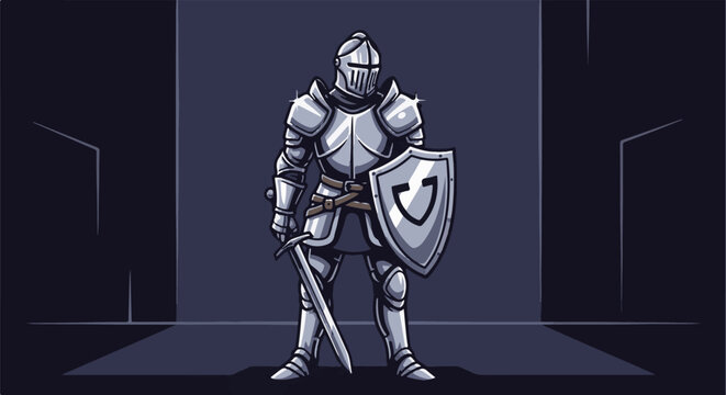 A knight in full metallic armor stands ready for battle with sword and shield