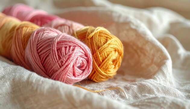 Vibrant yarn bundles in soft pink and golden orange shades, artfully arranged on textured fabric.