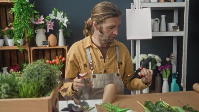 Man florist with blond hair inspects red-handled pruners and kraft wrapping paper on a wooden work table in a studio; calm concentration.