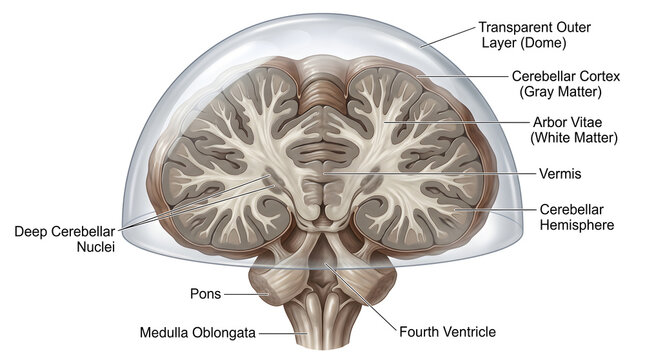Coronal section of the human cerebellum showing cerebellar hemispheres, arbor vitae white matter tree, gray matter cortex, vermis, deep cerebellar nuclei, pons, medulla oblongata and fourth ventricle 