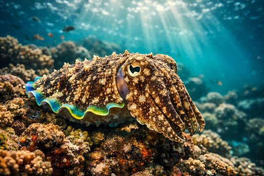 Highly intelligent colorful cuttlefish changing patterns floating above tropical coral reef suitable for marine cephalopod studies underwater nature and biology.