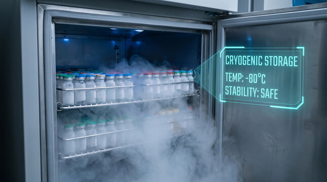 Cryogenic Storage Freezer with Vaccine Vials and Digital HUD Overlay in a Medical Laboratory