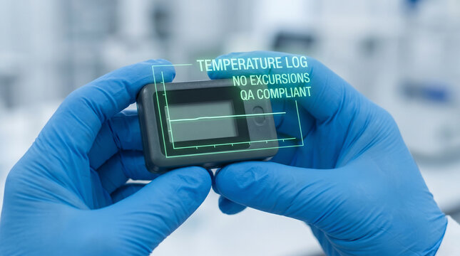 Laboratory Technician in Blue Gloves Holding Digital Temperature Data Logger for Pharmaceutical Quality Assurance Monitoring