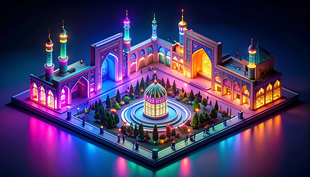 Isometric pixel art complex of a mosque and minarets illuminated with vibrant neon lights at night, featuring a central fountain and surrounding gardens, digital illustration