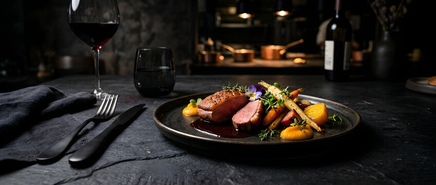 A fine dining main course of seared roasted sliced meat with seasonal vegetables, herb garnish and reduction sauce, paired with red wine on a dark moody restaurant table.