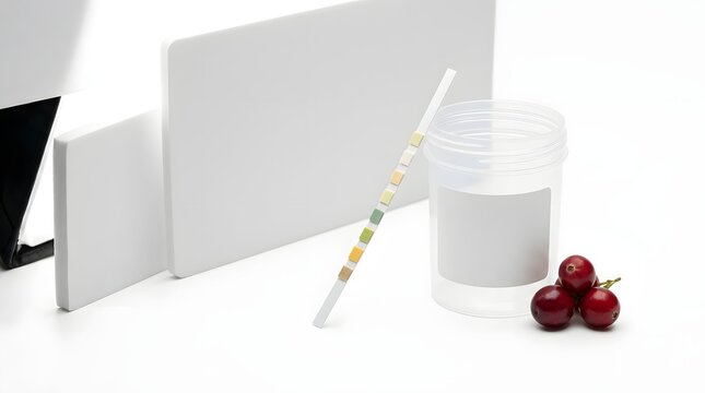 A medical specimen container sits beside a colorful urinalysis dipstick testing strip and a small group of fresh red cranberries used for supporting natural urinary tract health and wellness.
