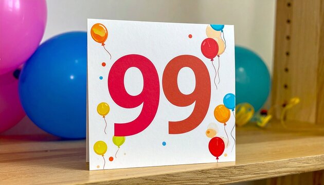 Birthday or anniversary card with number 99 with bright colors and balloons