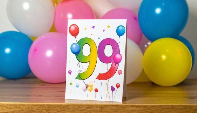 Birthday or anniversary card with number 99 with bright colors and balloons