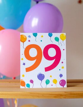 Birthday or anniversary card with number 99 with bright colors and balloons