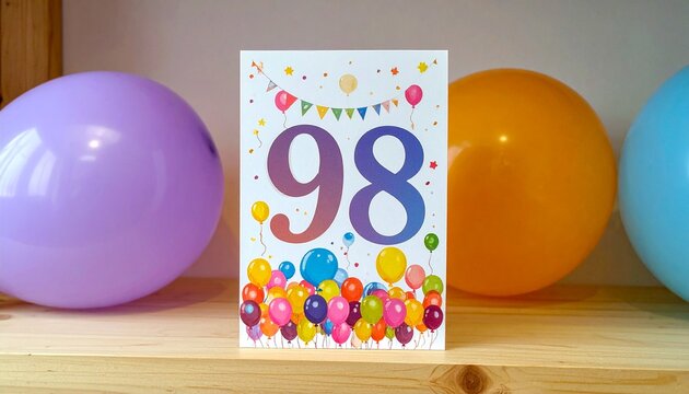 Birthday or anniversary card with number 98 with bright colors and balloons