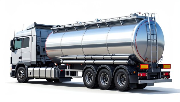 Shiny silver tanker truck with multiple axles and chrome details
