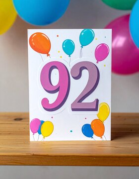 Birthday or anniversary card with number 92 with bright colors and balloons