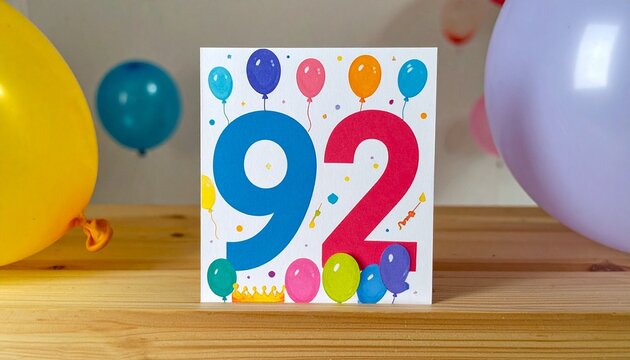 Birthday or anniversary card with number 92 with bright colors and balloons