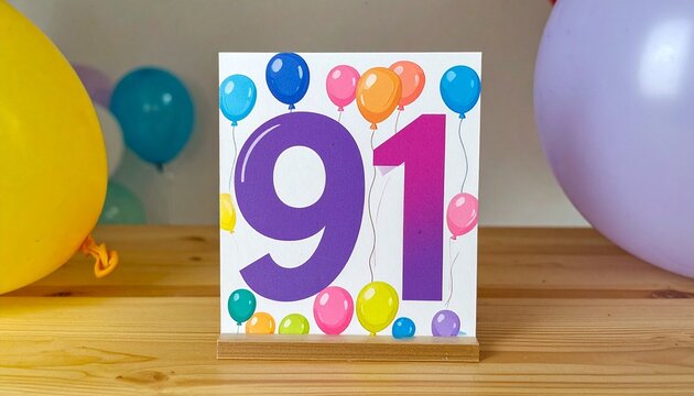 Birthday or anniversary card with number 91 with bright colors and balloons