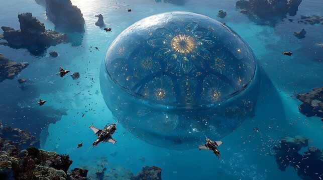 Giant energy powered dome resting on seabed, perfect for games and concept art pictures