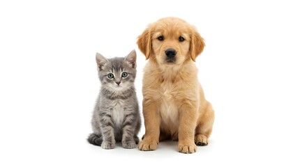 Obraz premium An adorable grey tabby kitten sits side by side with a golden retriever puppy looking forward, showcasing a heartwarming friendship between two cute young domestic animals on white studio surface.