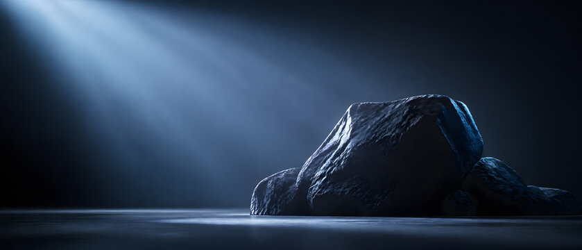 A minimalist dark studio scene with a large rock centered under cool blue spotlight rays, creating dramatic contrast and calm atmospheric mood.