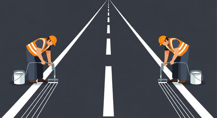 Two construction workers painting road lines on asphalt. © Muh