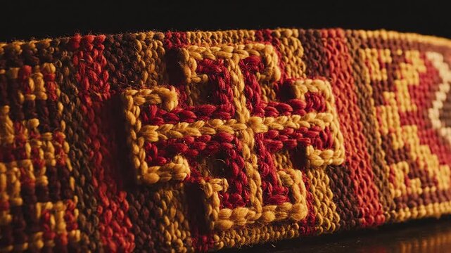 Close up of traditional woven fabric band with geometric patterns and a central cross motif in red and yellow tones, detailed texture