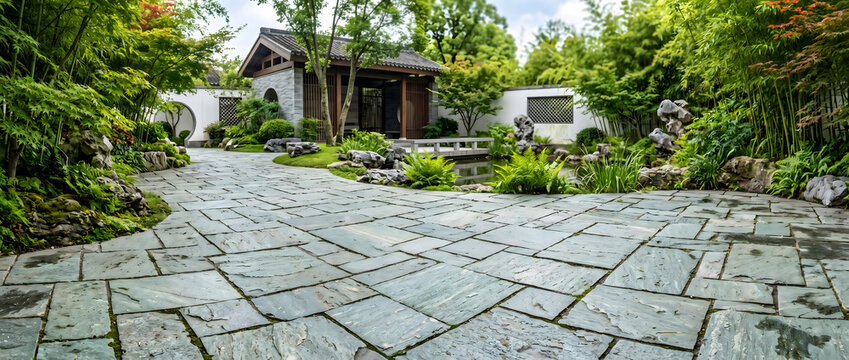 This tranquil classical Chinese garden features bluestone paving, a small pond, lush greenery, and traditional courtyard architecture, creating a peaceful leisure landscape.