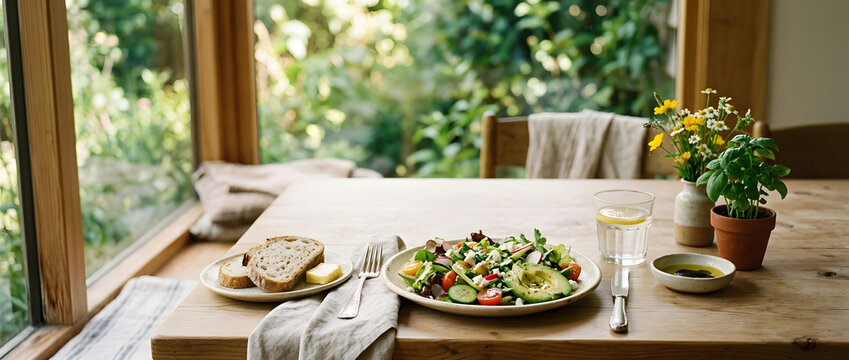 A warm sunlit indoor dining setup with a fresh vegetable salad, wholegrain bread, light drinks and simple table decor, overlooking lush outdoor greenery.