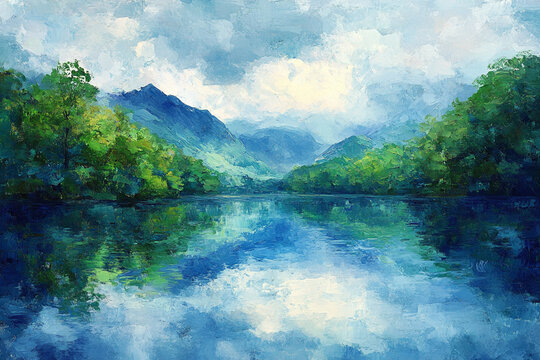 Scenic Abstract Wilderness with River and Mountains