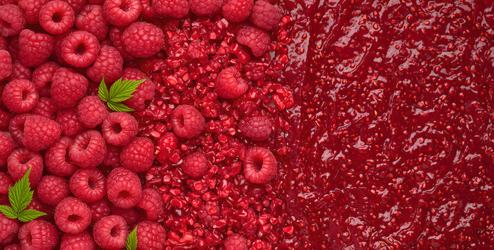Top view of ripe raspberries with smashed berry sauce