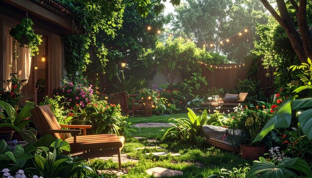 Lush garden with vibrant greenery, two wooden chairs on grassy area, stone stepping paths, patio with seating and string lights, sunlight filtering through trees creating serene, inviting outdoor retr