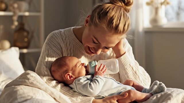 This heartwarming captures a tender moment between a mother and her newborn baby. The mother is feeding her baby in a cozy room filled with soft natural light, exuding warmth and comfort.