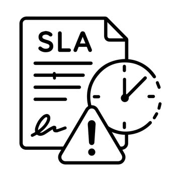 SLA breach alert line icon with service agreement document and clock warning