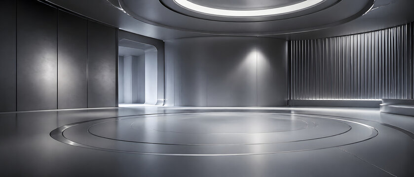 This is a sleek, modern futuristic empty interior space, with reflective metallic surfaces, ambient ring lighting and spotlights, creating a minimalist showroom or exhibition scene.